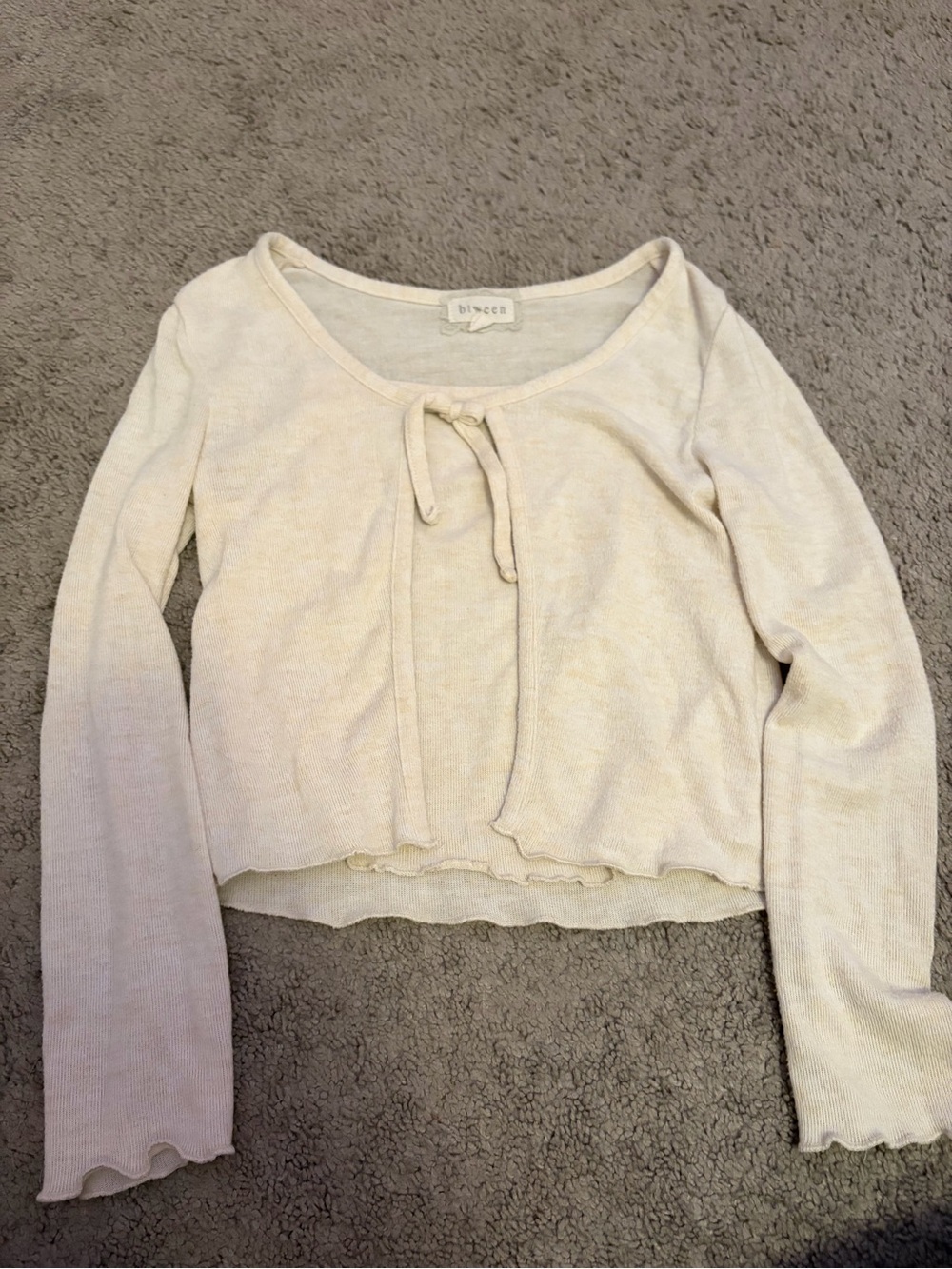 Cream Tie-Front Long-Sleeve Crop Top